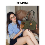 muva. Genuine‑Leather Cowhide‑Velvet Boston Bag, Large‑Capacity Original Niche Shoulder Purse for Autumn Winter, New Arrival Sep 3