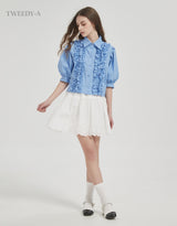 Ravina frill detail puff sleeve blouse blue