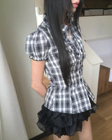 Devon V-neck Checkered Frill Blouse