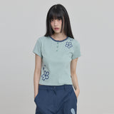 Flower Henley Neck Half Sleeve T-shirt