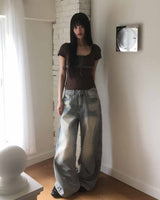 ビンデンサイドピンタックバックポケットワイドデニムパンツ