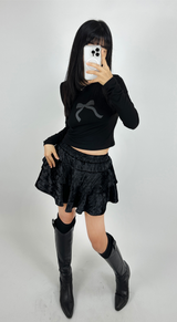 BASIC BOW-DETAIL SEMI-CROPPED STRETCH ROUND U-NECK LONG-SLEEVE TEE