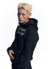 Lettering Embroidered Hoodie Zip-Up - Black