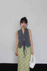 MELON CHECK RIBBON LONG SKIRT