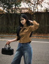 [BELLIDE MADE] Nuts, suede pintack semi-cropped blouse