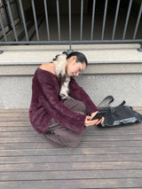 ワインレッドフラッフィーVネックオーバーサイズニット