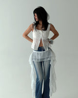 unbalanced see-through frill layered belt skirt