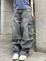 Unisex ツーウェイバミューダジッパーカーゴワイドデニムパンツ