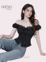 Black lace square short-sleeve blouse