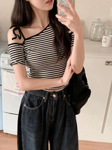 Border Ribbon Off Shoulder Short Sleeve T-Shirt (2color)