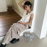 fullin Shirring String Button Sleeveless Blouse