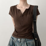 Side Shirring T-shirt Manto Henley Neck Short Sleeve (5 colors)