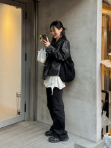 [Unisex] Crop Leather Single Over Fit Jacket