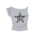  Check Star Off Shoulder T-Shirt 231137997