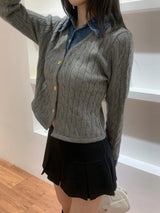 Perry Denim-Layer Cable Knit Long Sleeve Cardigan