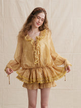 Unique Flare Wave Stripe Punched Drape Shirt Short Pants Set