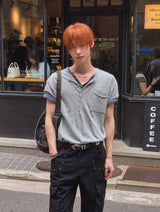 [1+1] Kato Henley Neck Slub Short Sleeve T-shirt