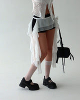 unbalanced see-through frill layered belt skirt