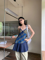 blue frill checkered frill sleeveless dress