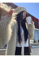 Pearl V-neck loose fit fur cardigan
