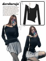 Uncut strap ribbed long-sleeved top