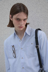 Lettering sleeve striped shirt - Blue