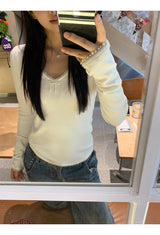 Pearl Bow V-neck V-neck V-neck Long Sleeve T-shirt