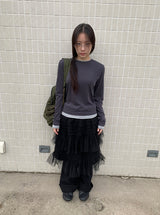 Samen Frill Tulle Banding Midi Skirt