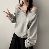 New V Unbalanced Off-Shoulder Snap Strap Sweatshirt