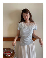 Asymmetrical Lace Trim Off-Shoulder Tee
