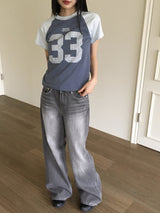 Watton back cut washed gray long wide denim pants