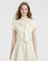 [PRE- FALL] Dahlia Satin Ribbon Scarf Slim Half Sleeve Top Ivory