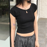 ビエホールスリットリボンカットコットンクロップドショートスリーブドtシャツ