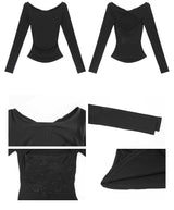 Backless lace point black long-sleeved shirt