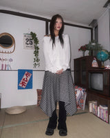 (2color) Wool Check Unbalanced Flare Midi Skirt