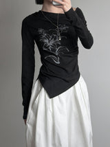 Ink Painting Flower One-Shoulder Off-Tee