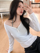 Unbalance Button Slim Rib T-shirt (5color)