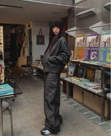 Pinstripe Workpatche Wide Denim Pants