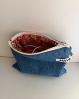 Denim & flower flat pouch - blue , M size