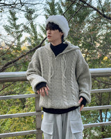 Noel Knit Hoodie Half Zip Up (Beige)