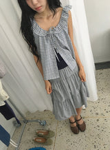 Baso Check Frill Seersucker Boat-Neck Blouse