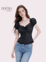Black lace square short-sleeve blouse