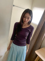 Onepie U-neck/V-neck Side Shirring Three Quarter Sleeve Tee