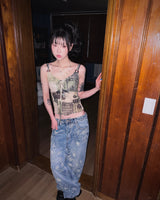 Rough Flower Embroidery Mid Wash Denim Pants