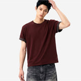 Rolled-Sleeve Cropped Short-Sleeve T-Shirt Burgundy