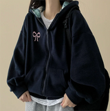 Check lining ribbon fleece hooded zip-up
