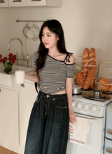 Border Ribbon Off Shoulder Short Sleeve T-Shirt (2color)