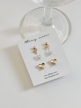 [3 set] flower heart earring set / simple, lovely, pointy, daily, spring, summer flower