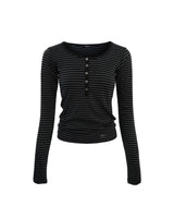Henley Neck Long Sleeve Stripe Black