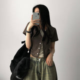 Dinfu Side Shirring Layered Cardigan Short-Sleeved T-Shirt